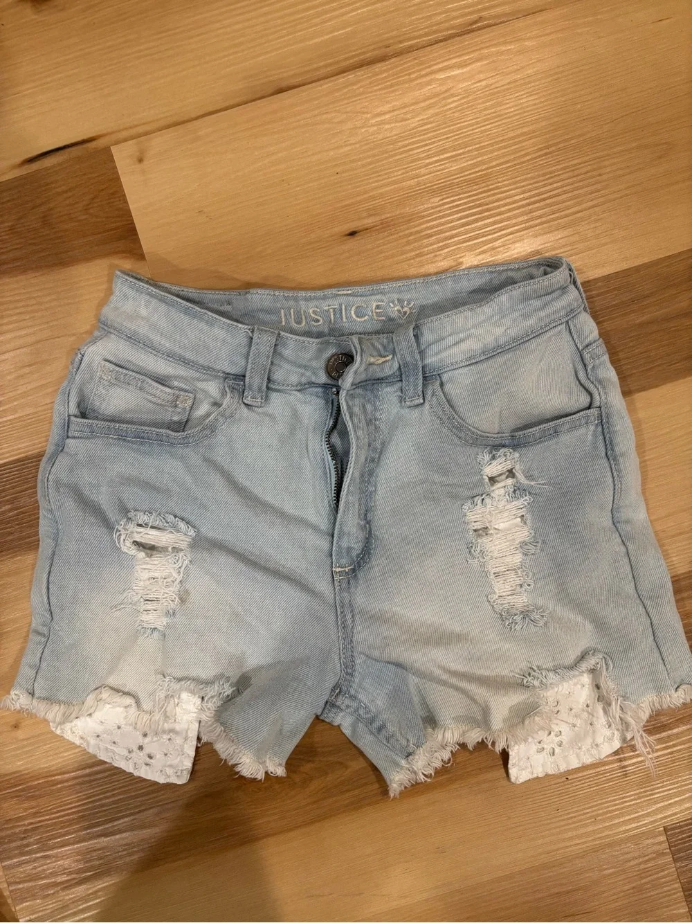 Justice Light Blue Distressed Lace-Trim Denim Shorts